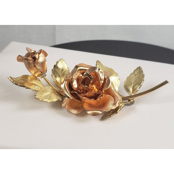 Vtg 1940's Krementz Signed Two Tone Gold Filled Rose Roses Brooch Pin 2.25" long - Picture 6 of 15